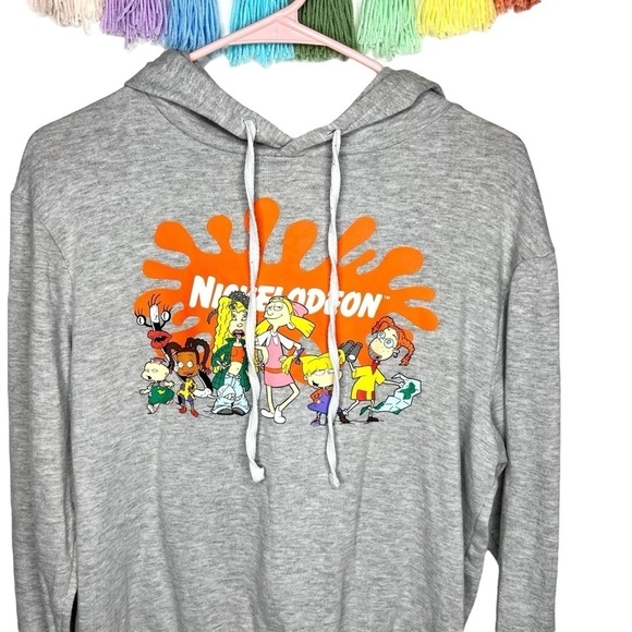 Nickelodeon 90s Cartoon Graphic Logo Pullover Gray Hooded Sweatshirt Medium - Picture 3 of 12
